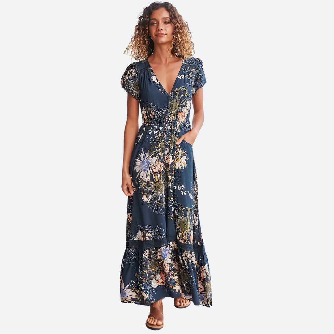 knee length dresses for ladies Jaase Exclusive: Carmen Maxi Dress - Indigo Print main image 0