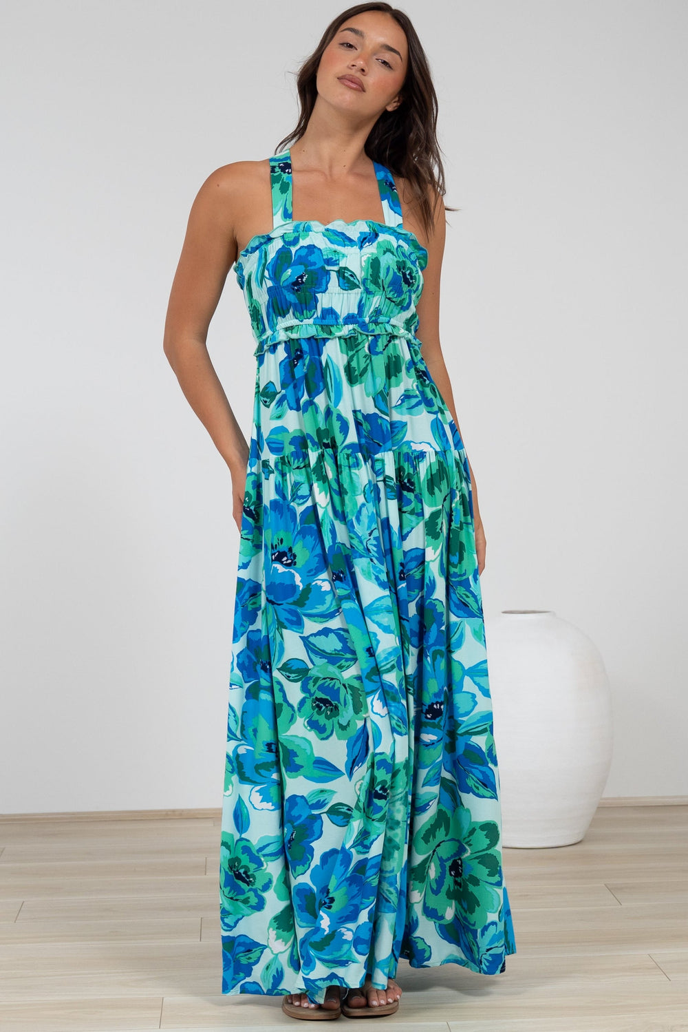 Laurita Maxi Dress - Adjustable Strap Elasticated Bodice Sun Dress in Melly Print