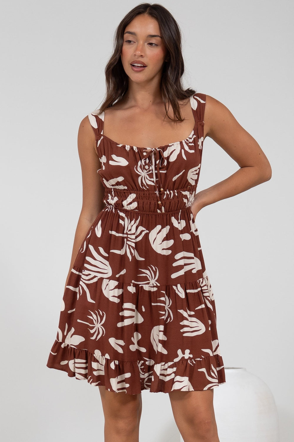 Jessie Mini Dress - Gathered Bodice Spaghetti Strap Sun Dress in Stassie Print Brown