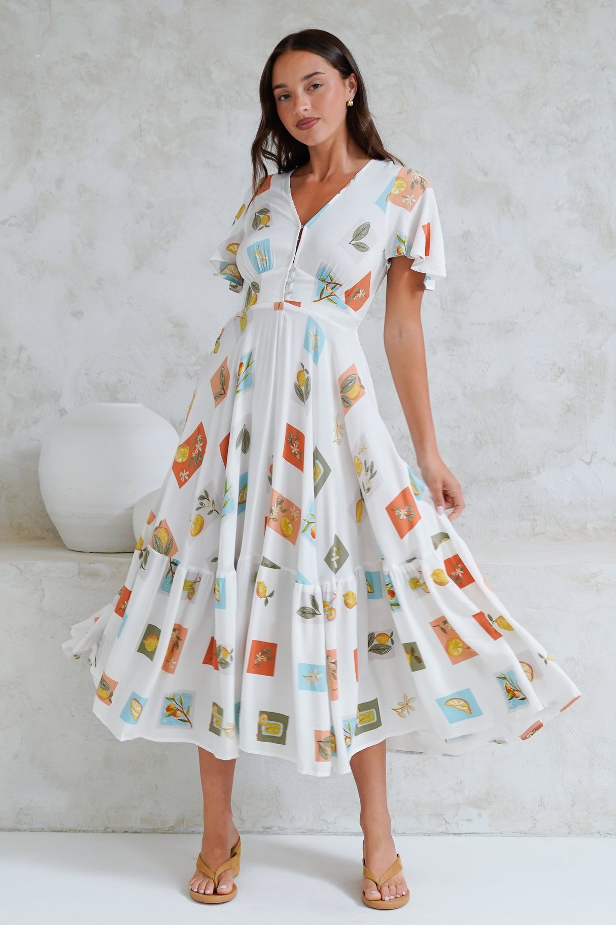 Libby Maxi Dress - Flutter Cap Sleeve Button Waist Detailed A Line Dress in Blondie Print