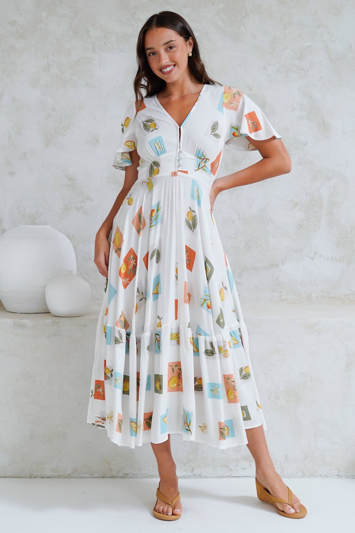 Libby Maxi Dress - Flutter Cap Sleeve Button Waist Detailed A Line Dress in Blondie Print