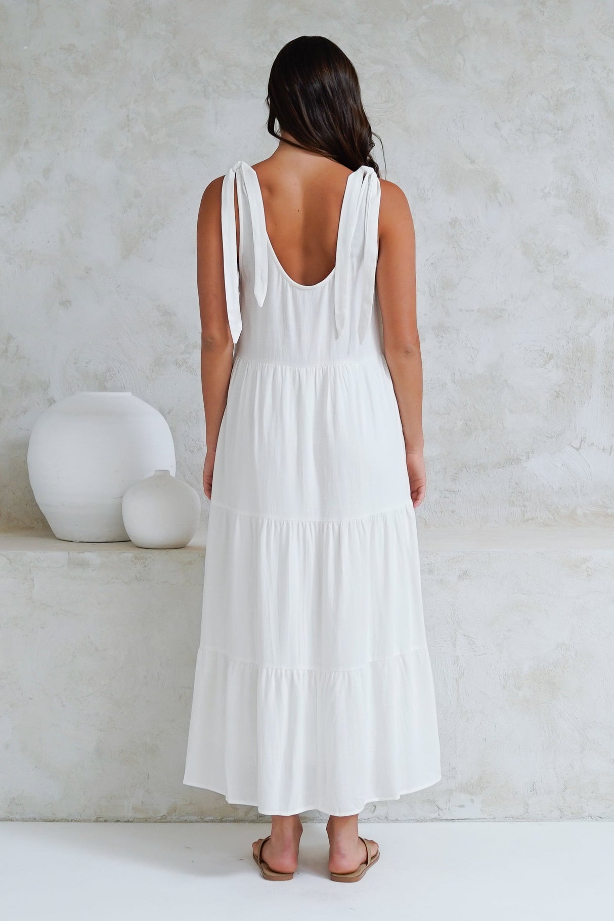 Verona Midi Dress - Tie at Shoulder Straps Sun Dress in White