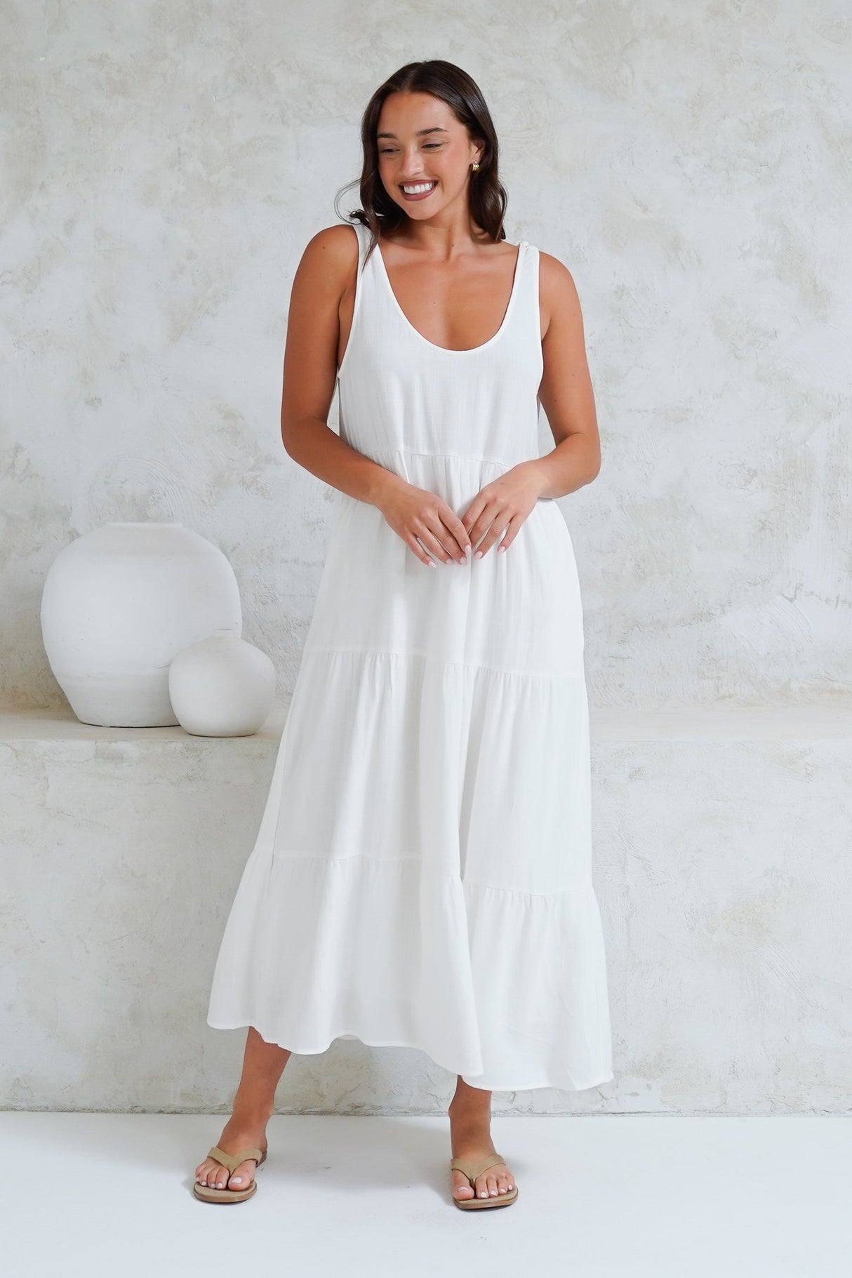 Verona Midi Dress - Tie at Shoulder Straps Sun Dress in White