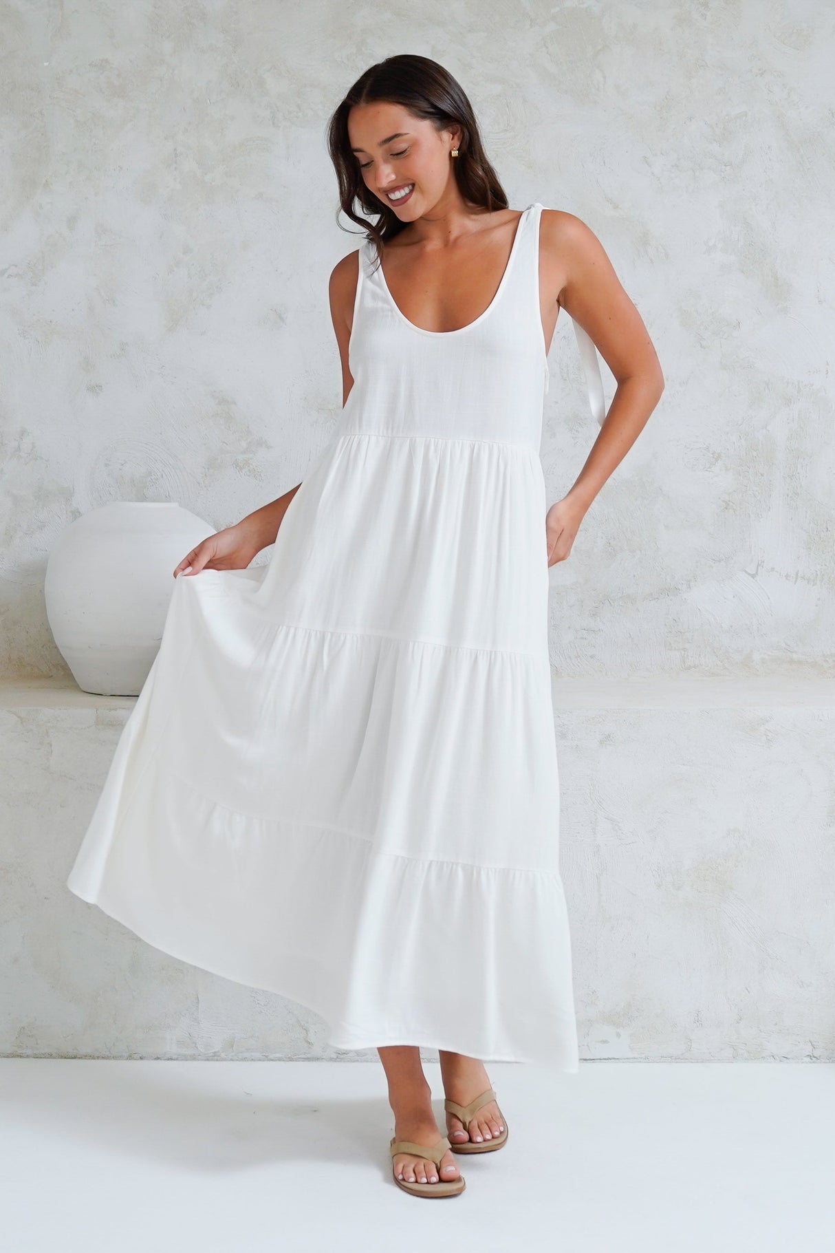 Verona Midi Dress - Tie at Shoulder Straps Sun Dress in White