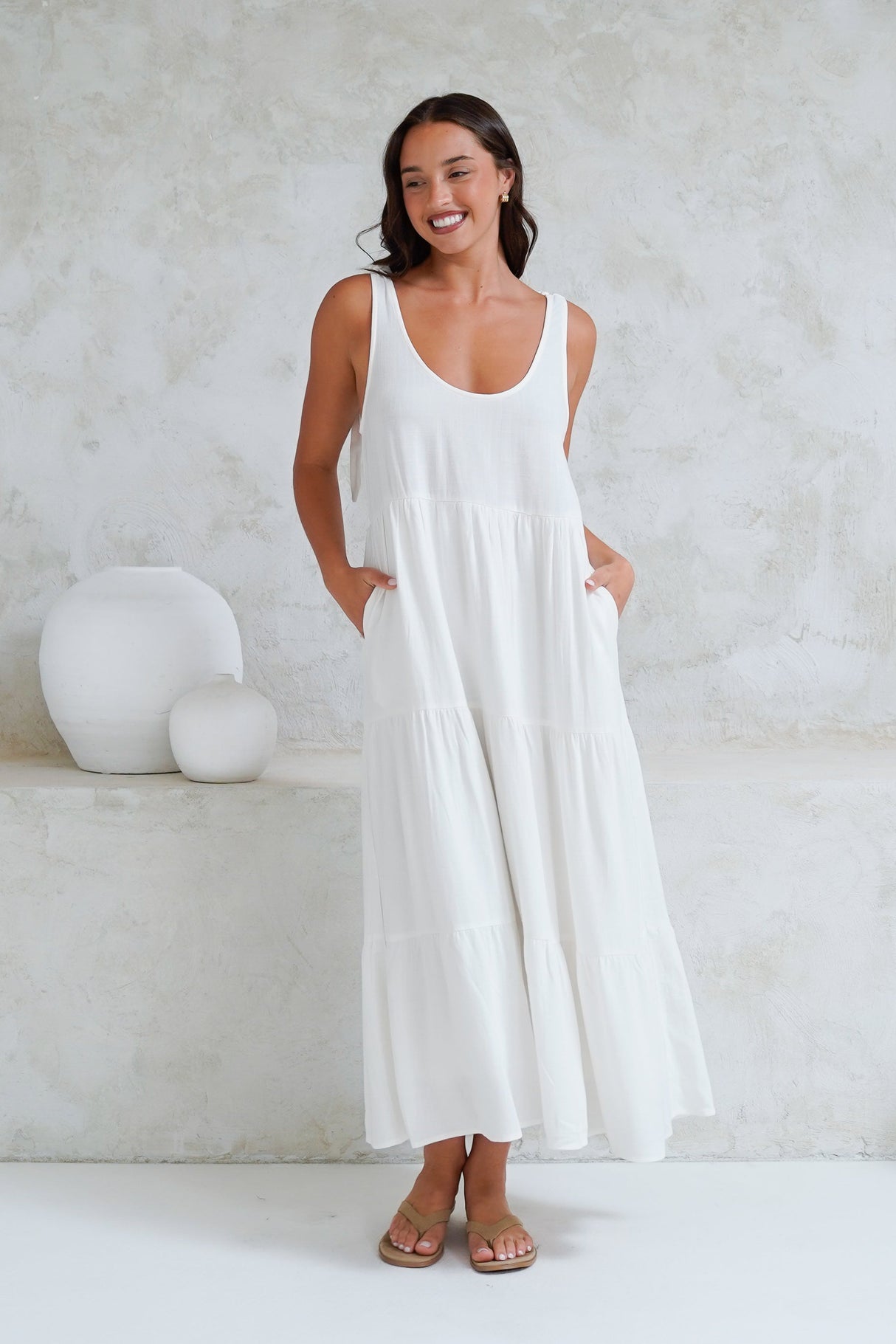 Verona Midi Dress - Tie at Shoulder Straps Sun Dress in White