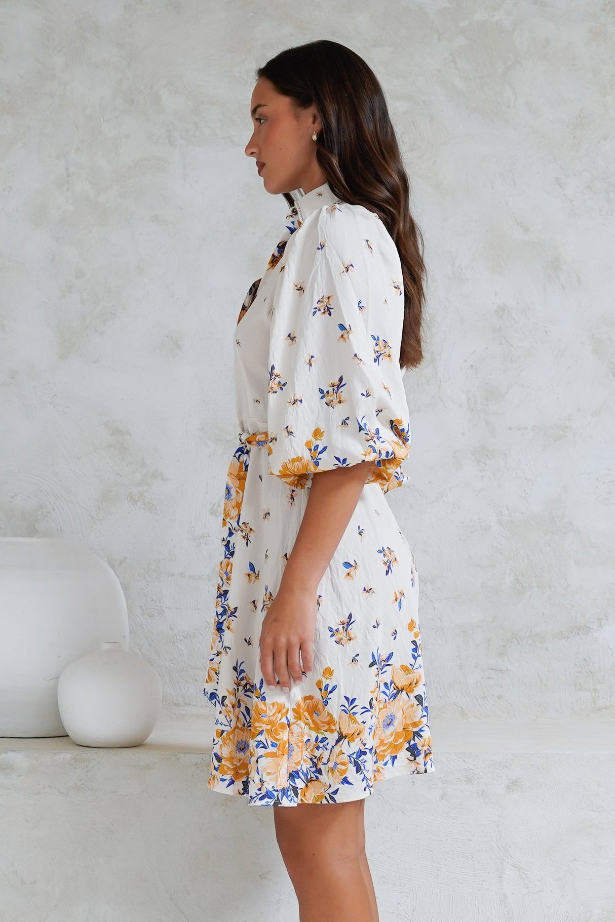 Francine Mini Dress - Collared Shirt Dress with Matching Belt in Huxton Print Blue