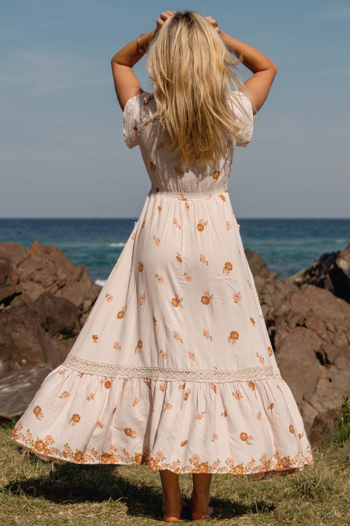 JAASE - Carmen Maxi Dress: Butterfly Cap Sleeve Button Down A Line Dress with Lace Trim in Vintage Sol Print