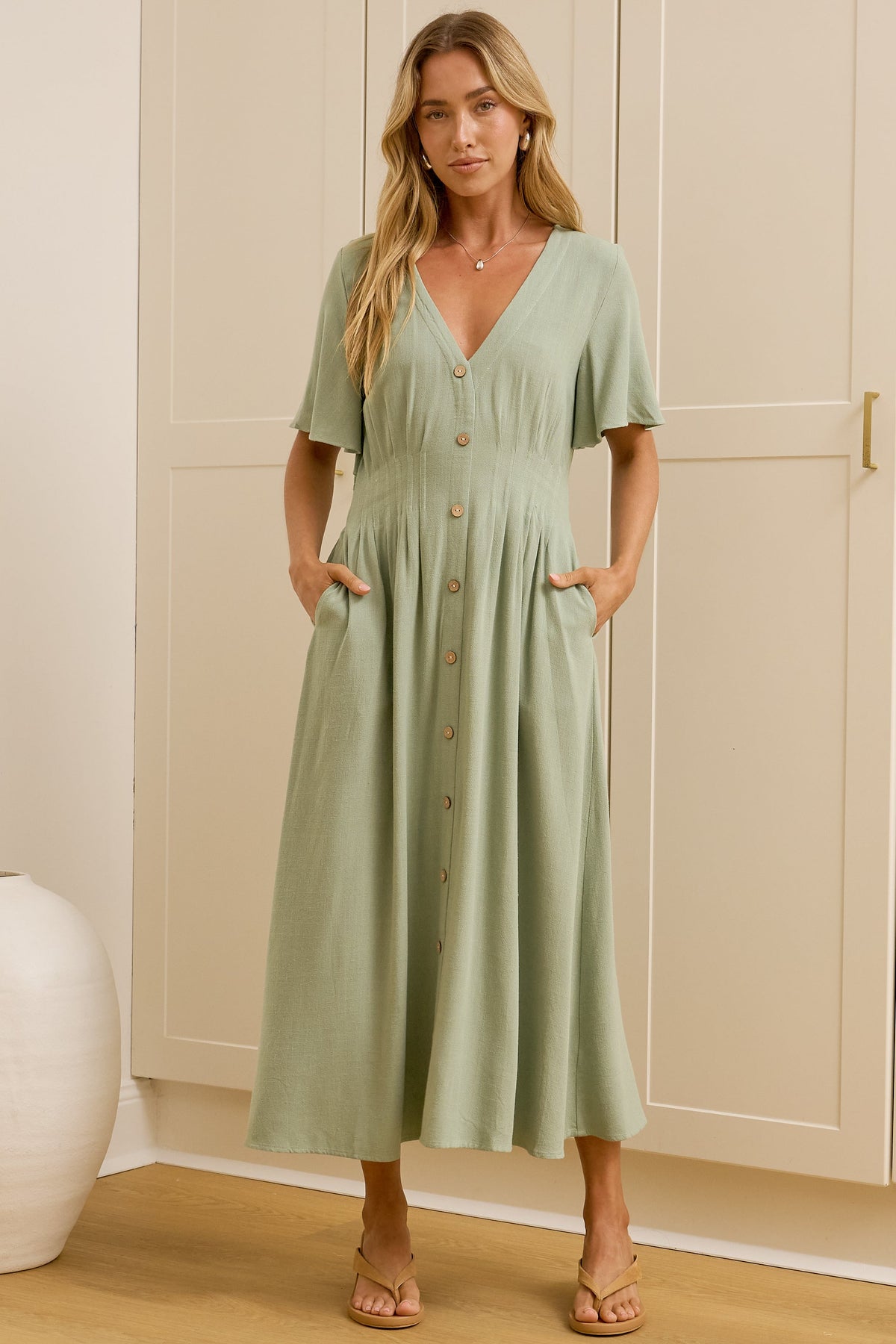 Cyan Midi Dress - V Neckline Dress in Sage