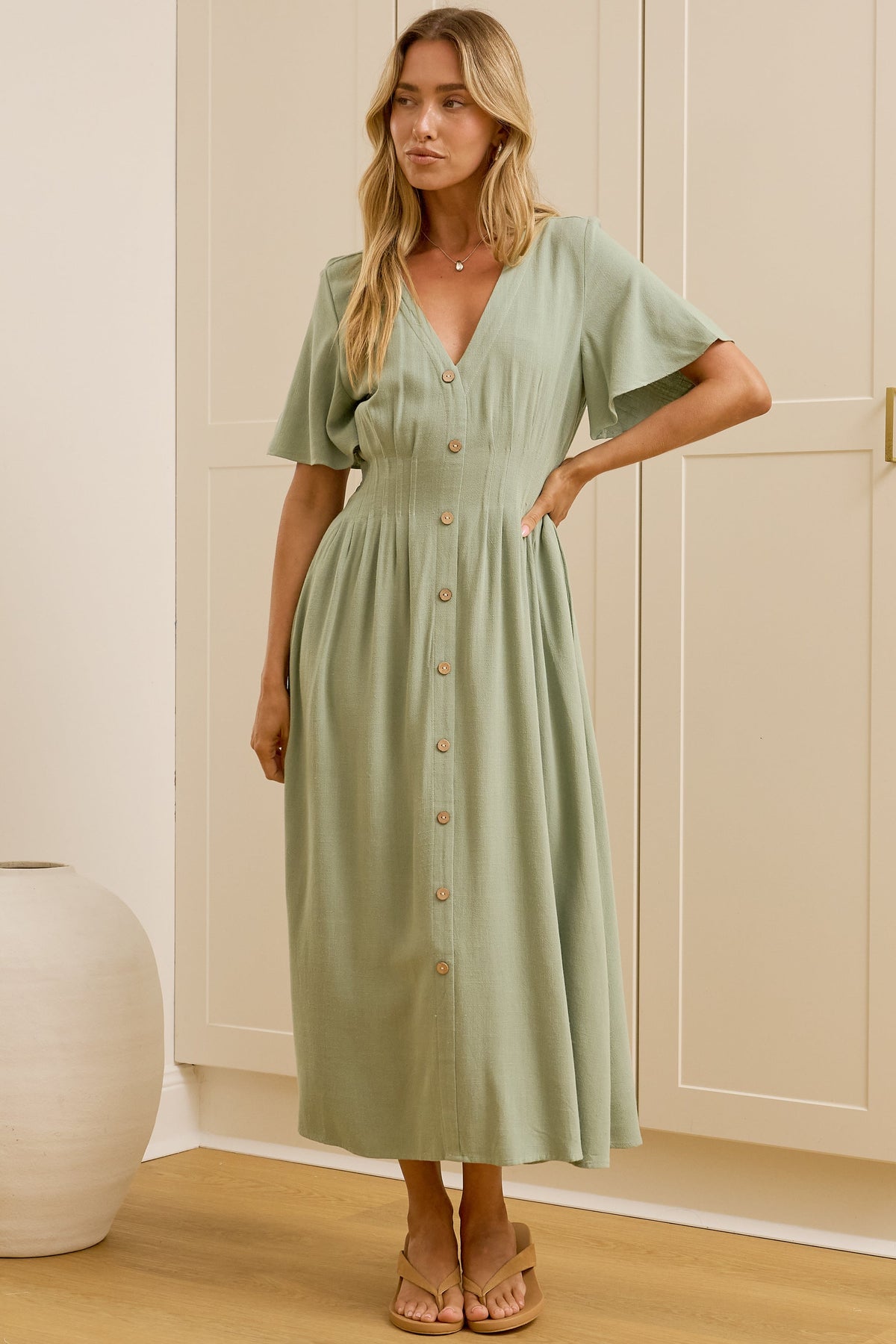 Cyan Midi Dress - V Neckline Dress in Sage