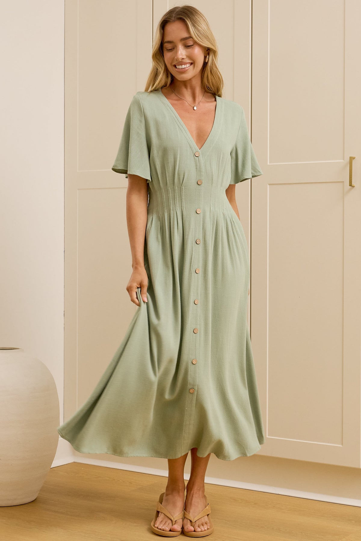 Cyan Midi Dress - V Neckline Dress in Sage