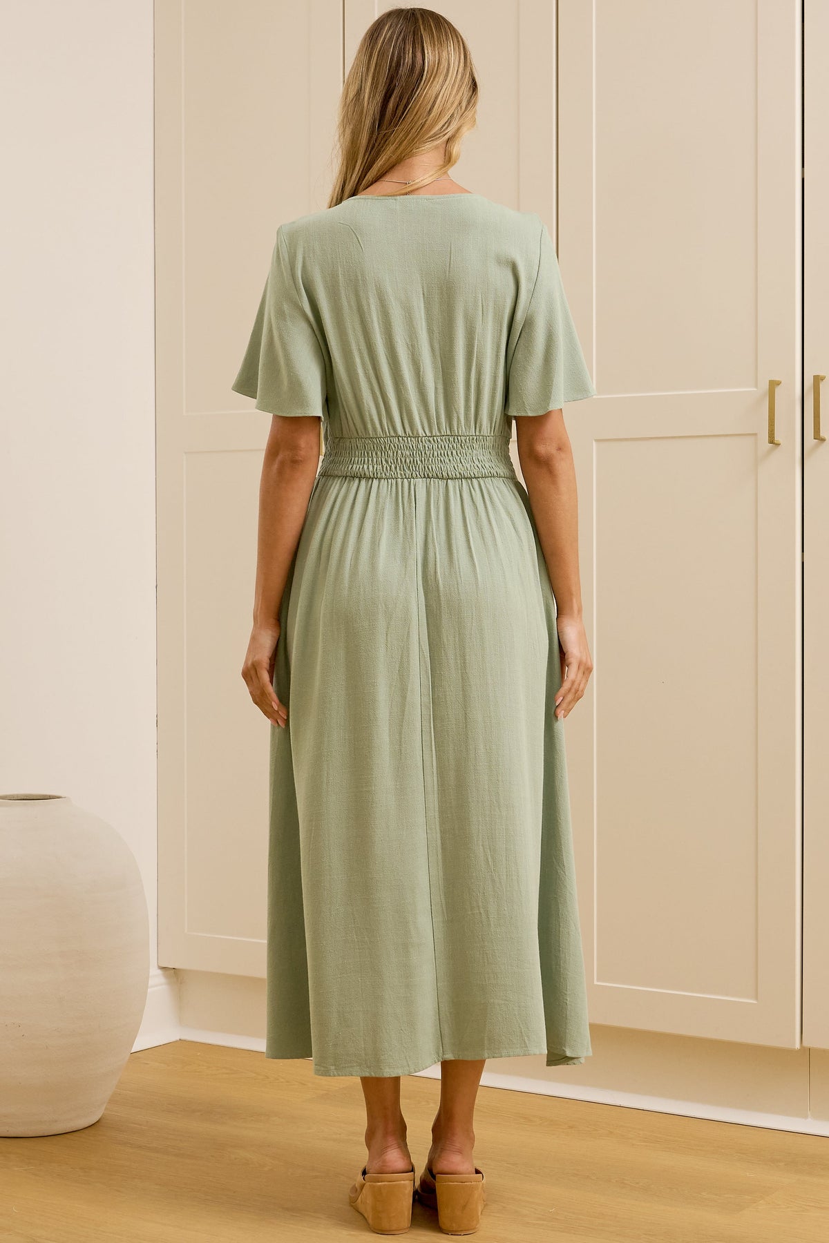 Cyan Midi Dress - V Neckline Dress in Sage