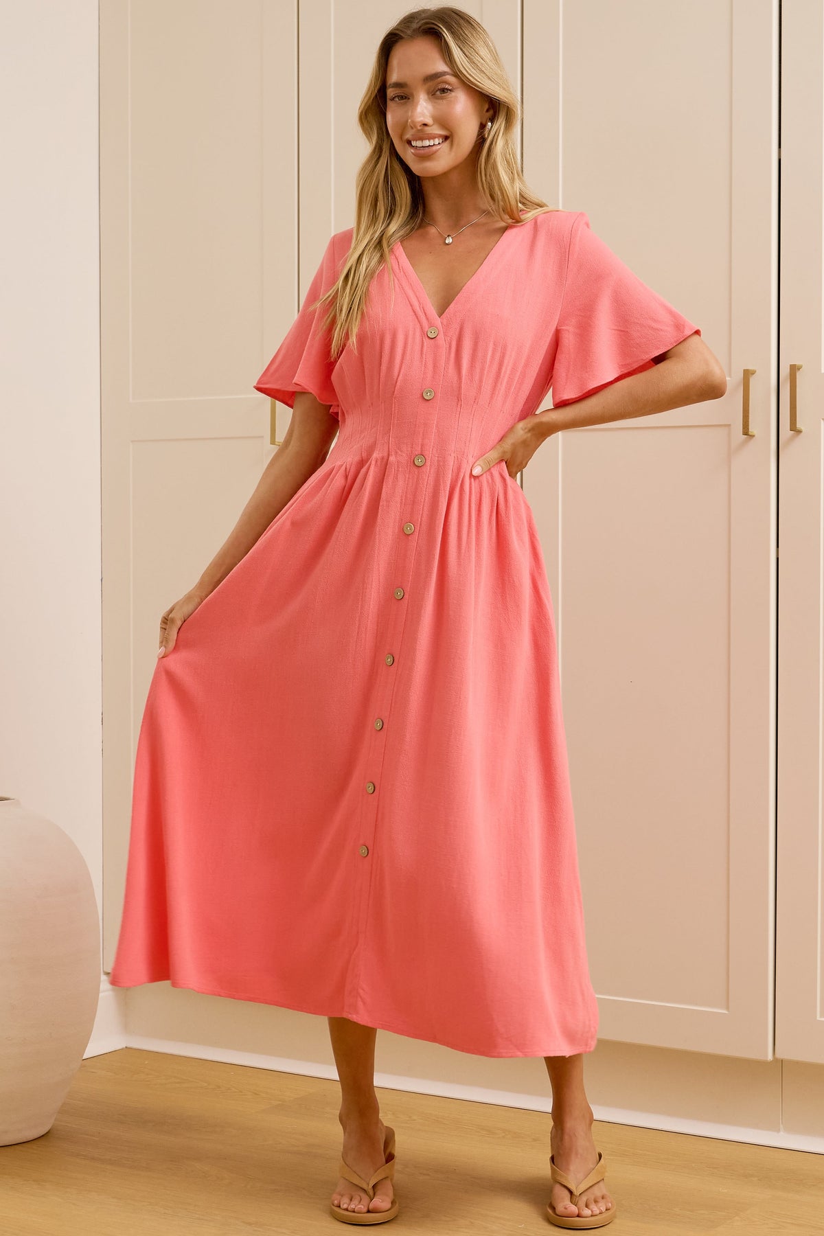 Cyan Midi Dress - V Neckline Dress in Pink