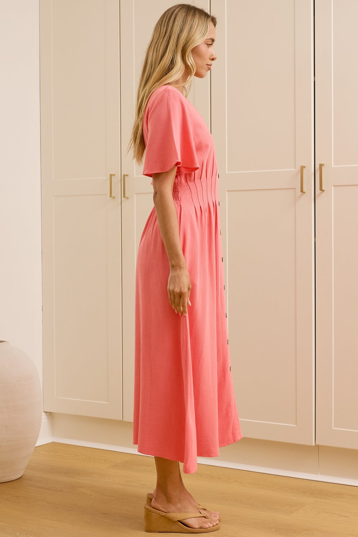 Cyan Midi Dress - V Neckline Dress in Pink