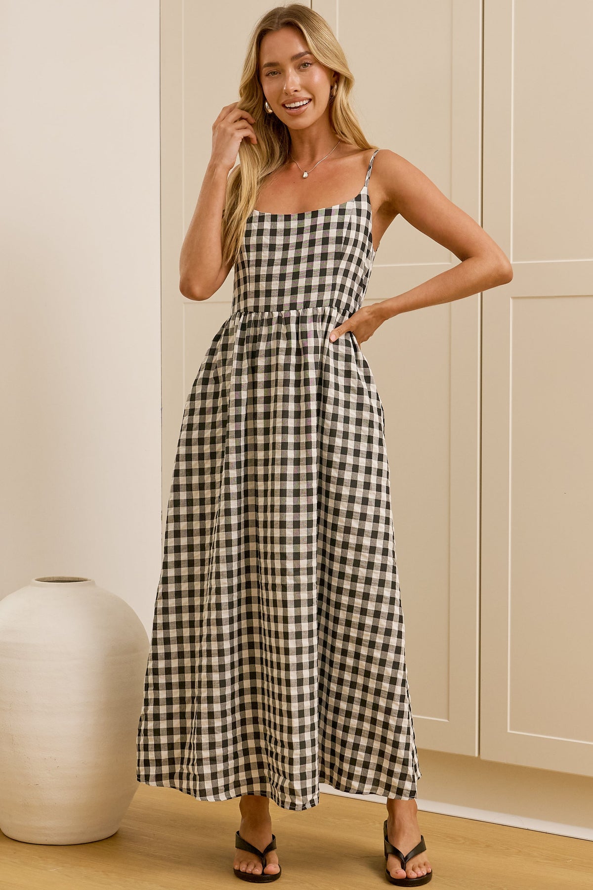 Danessa Midi Dress - Square Neck Sun Dress with Adjustable Straps and Pockets in Black Gingham