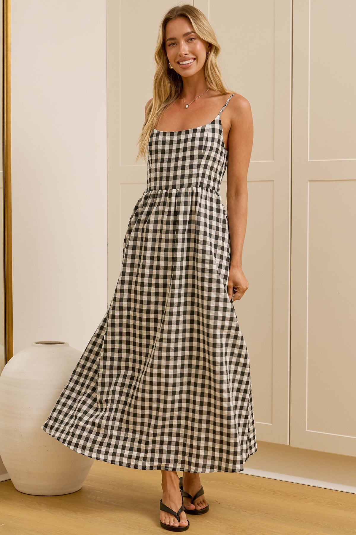 Danessa Midi Dress - Square Neck Sun Dress with Adjustable Straps and Pockets in Black Gingham