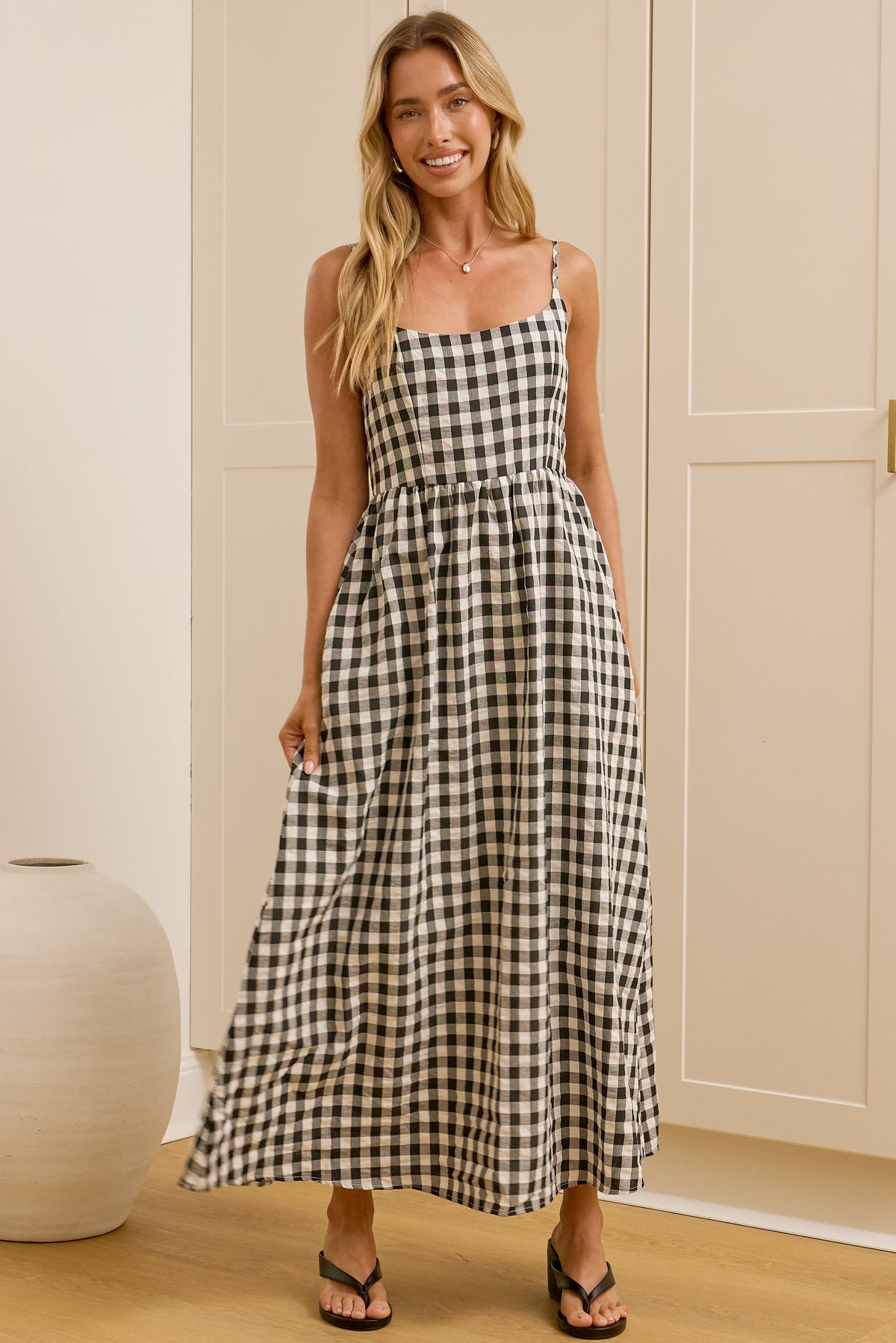 Danessa Midi Dress - Square Neck Sun Dress with Adjustable Straps and Pockets in Black Gingham