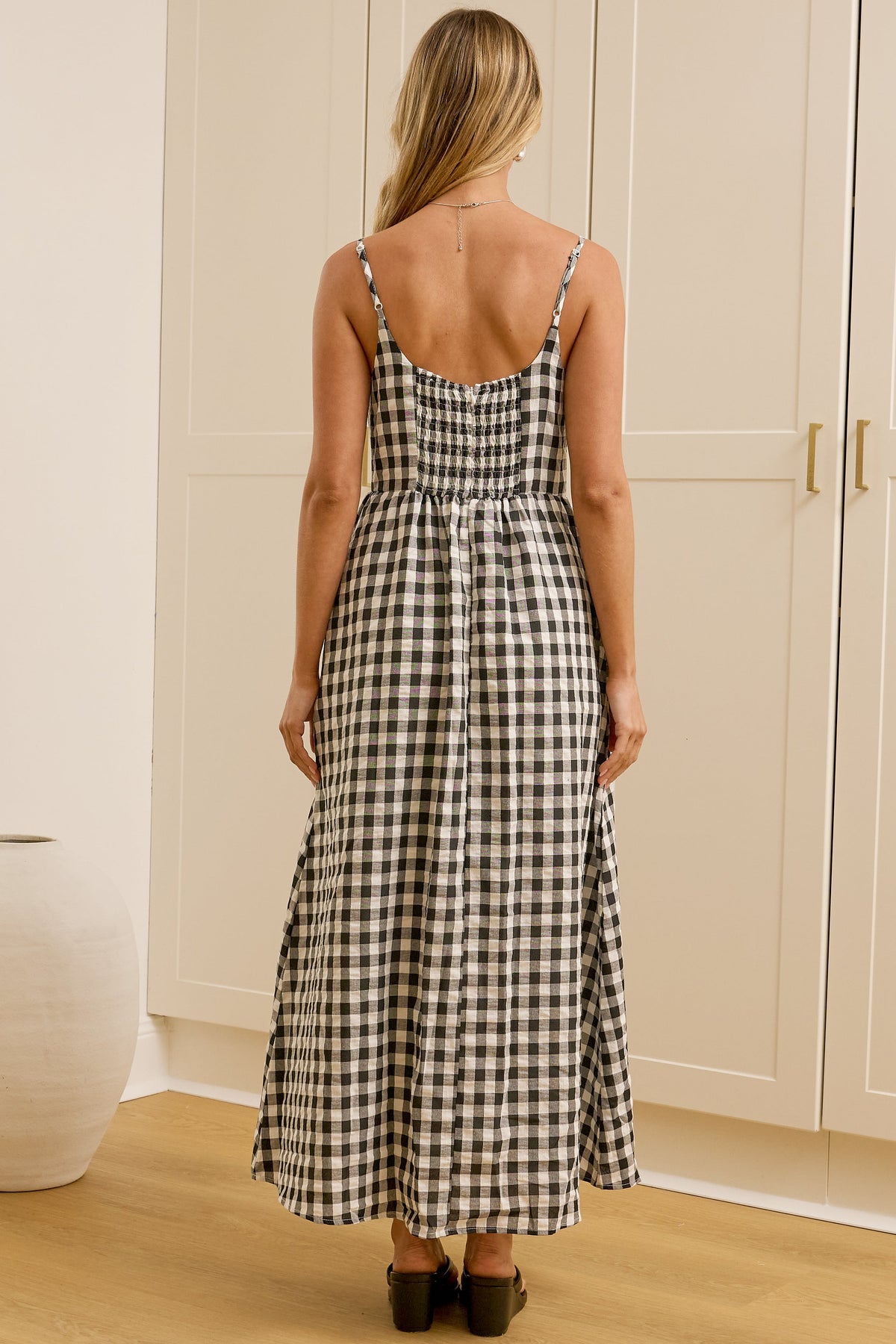 Danessa Midi Dress - Square Neck Sun Dress with Adjustable Straps and Pockets in Black Gingham