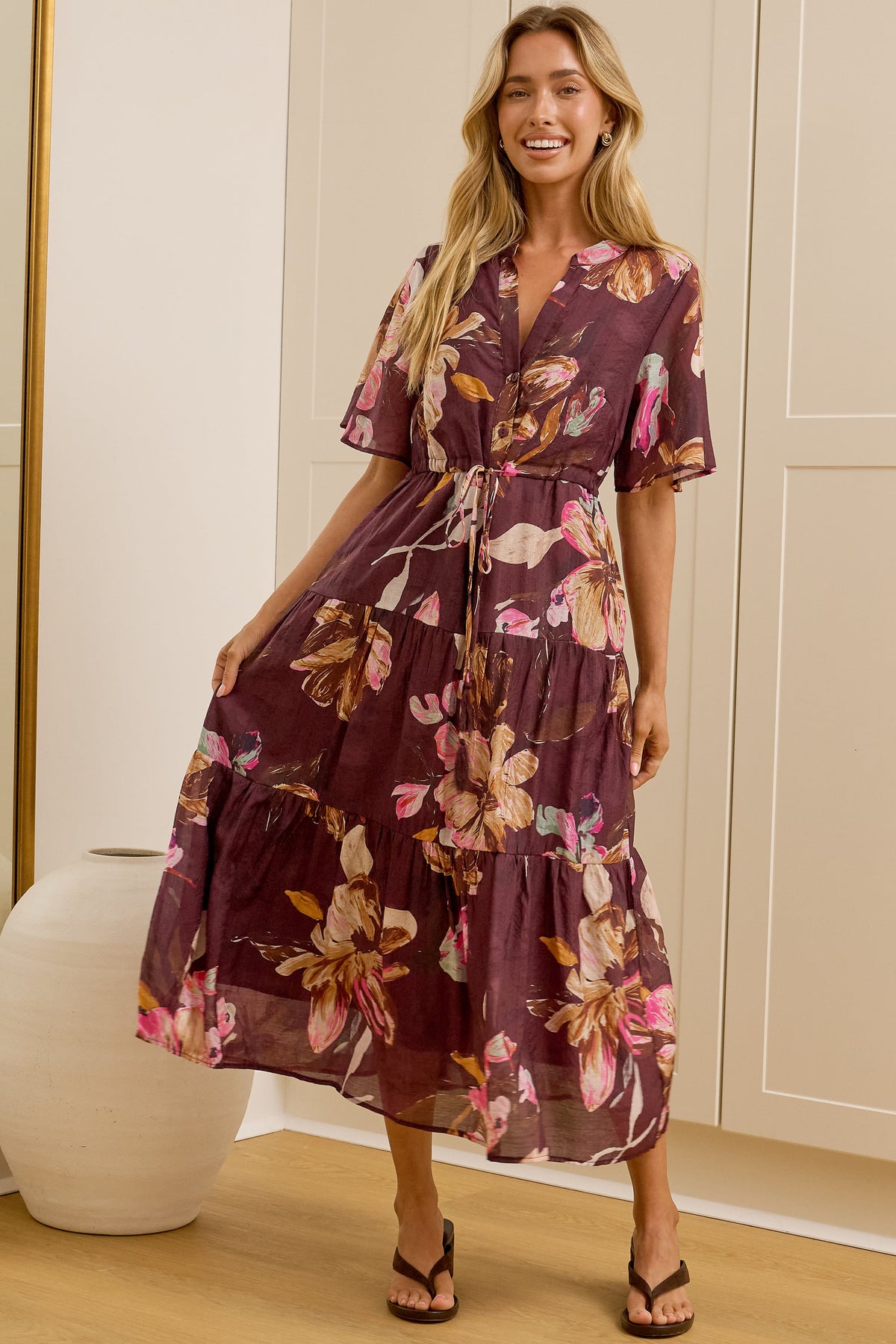 Aster Midi Dress - Mandarin Collar V Neck Tiered Shirt Dress with Waist Tie in Larkspur Print