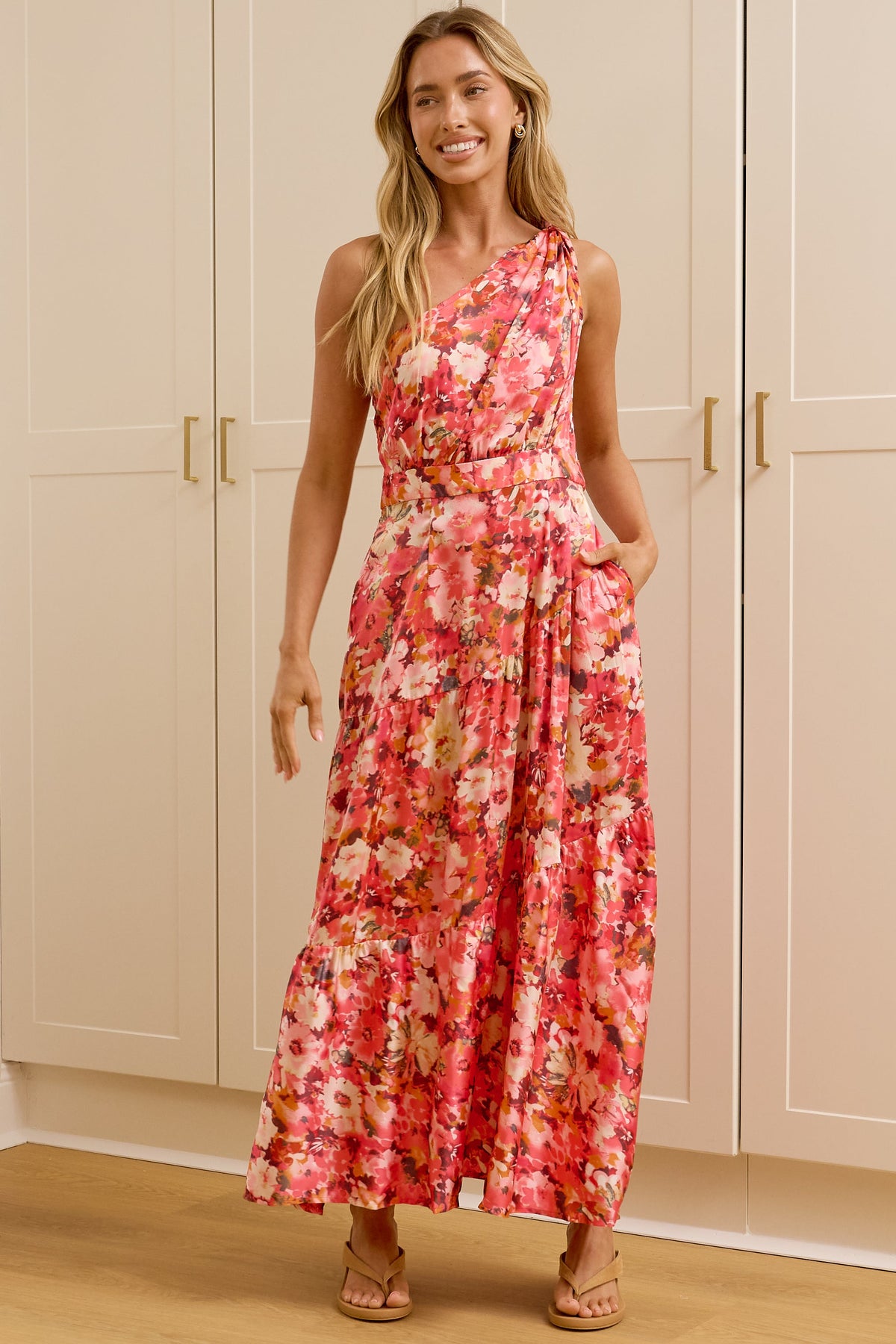 Darcy Midi Dress - One Shoulder A Line Dress with Pockets in Riviera Print Pink