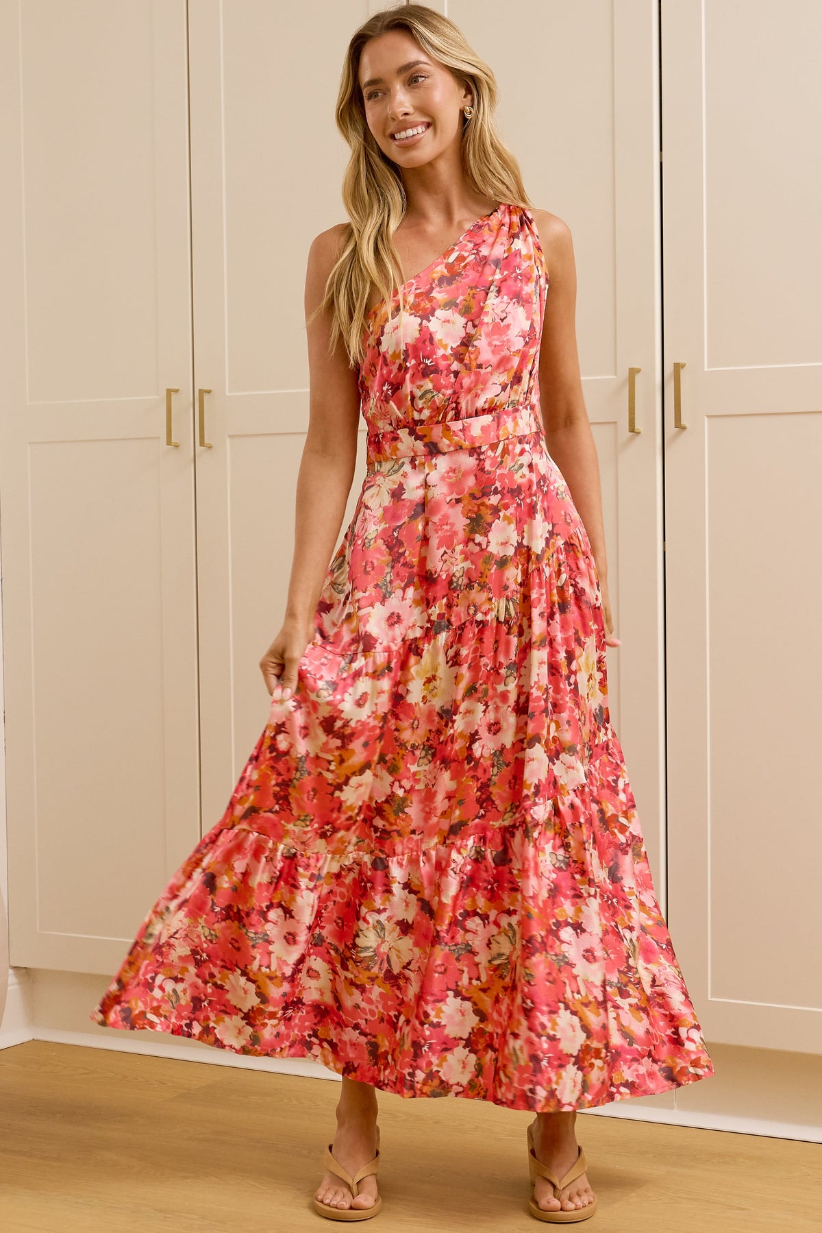 Darcy Midi Dress - One Shoulder A Line Dress with Pockets in Riviera Print Pink