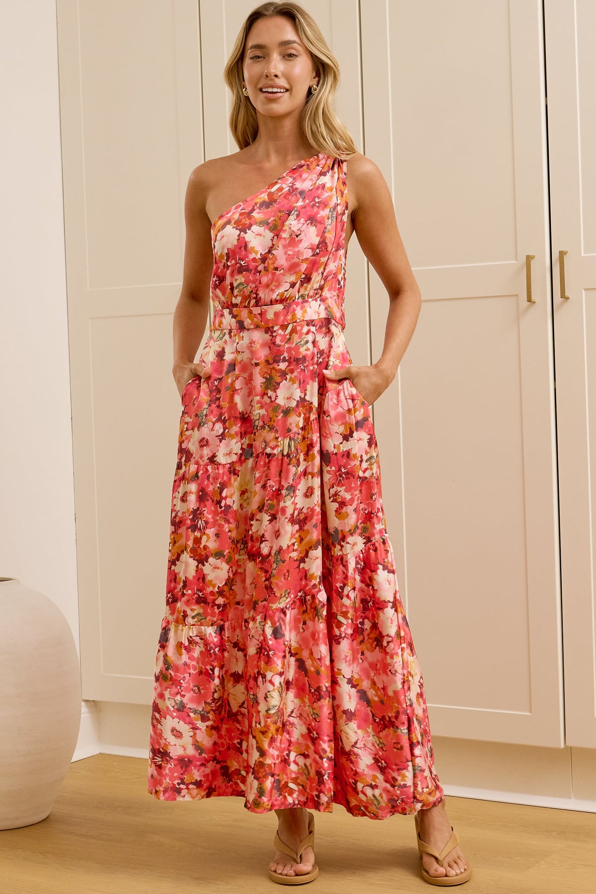 Darcy Midi Dress - One Shoulder A Line Dress with Pockets in Riviera Print Pink