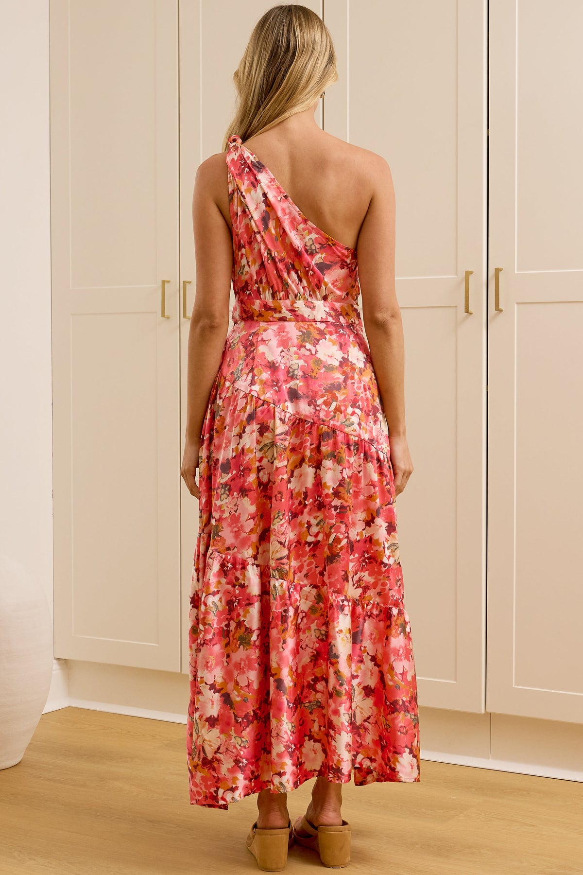 Darcy Midi Dress - One Shoulder A Line Dress with Pockets in Riviera Print Pink