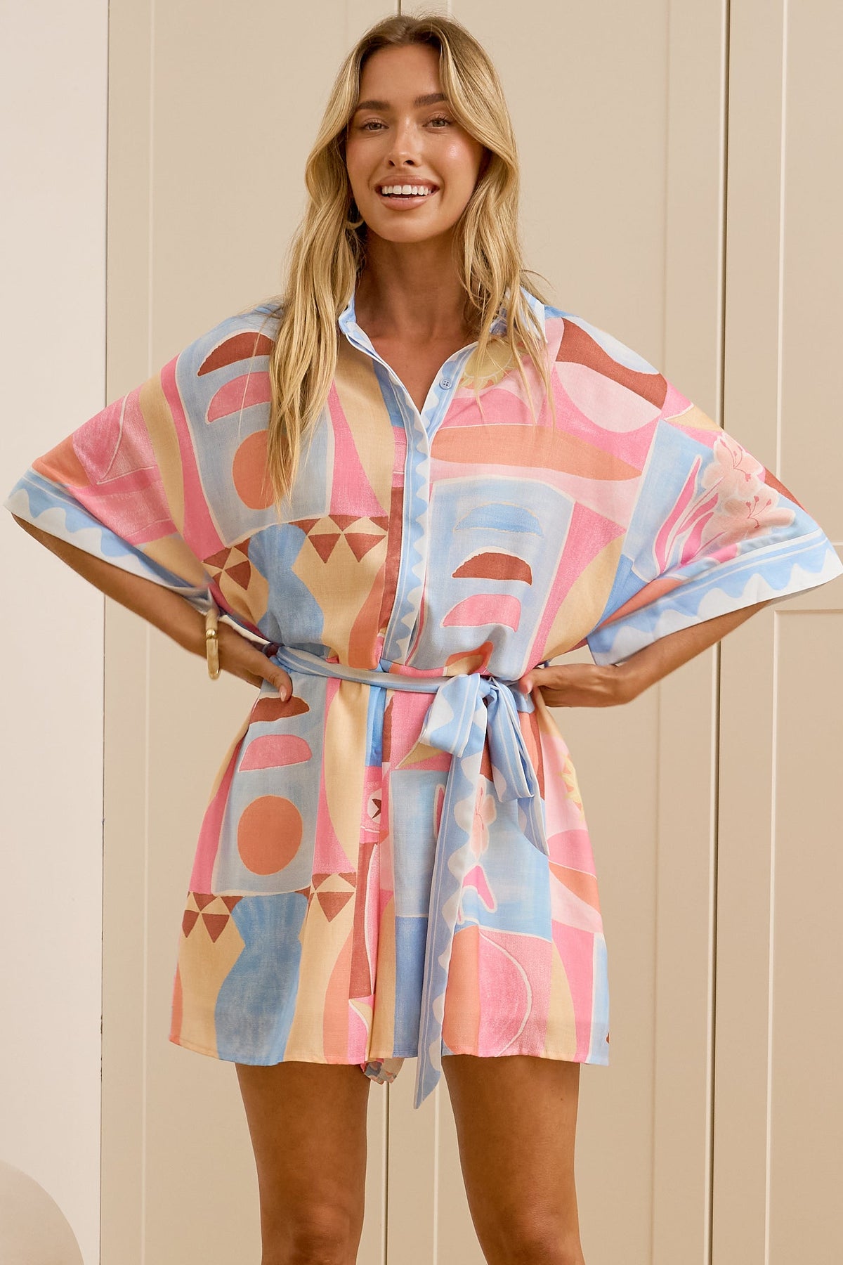Robina Playsuit - Collared Button Down Front with Detatchable Waist Tie in Coralie Print