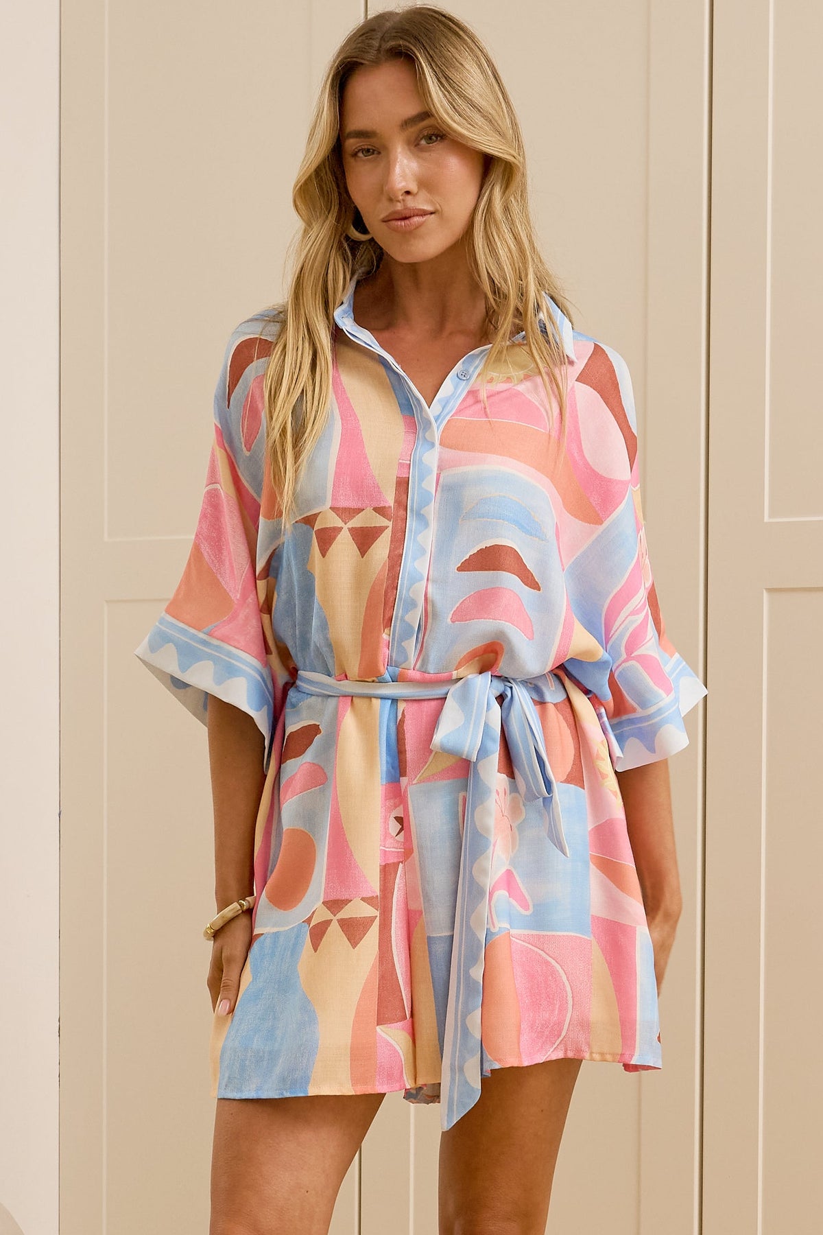 Robina Playsuit - Collared Button Down Front with Detatchable Waist Tie in Coralie Print