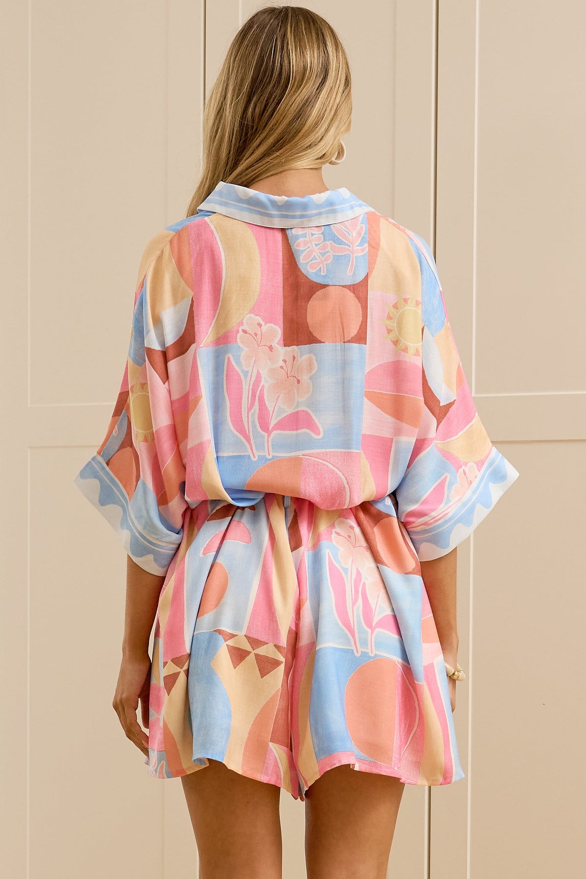 Robina Playsuit - Collared Button Down Front with Detatchable Waist Tie in Coralie Print
