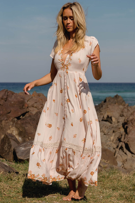 JAASE - Carmen Maxi Dress: Butterfly Cap Sleeve Button Down A Line Dress with Lace Trim in Vintage Sol Print