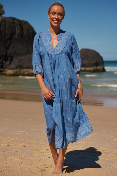 JAASE - Boheme Midi Dress: Piping Defined Bust Slimline Smock Dress in Azure Sky Print