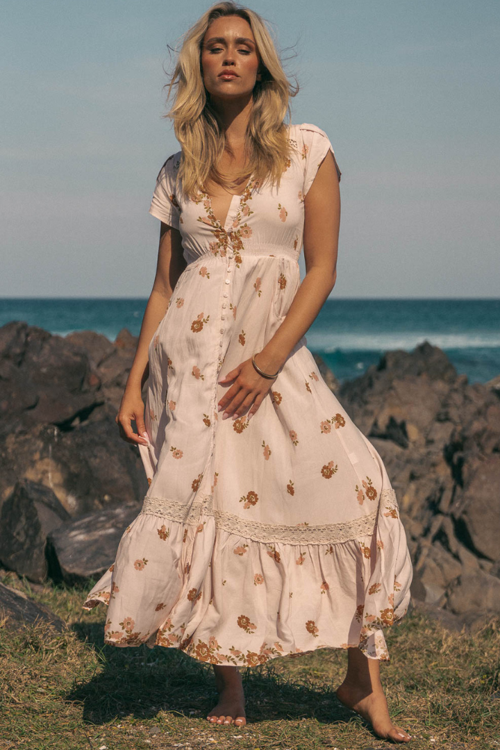 JAASE - Carmen Maxi Dress: Butterfly Cap Sleeve Button Down A Line Dress with Lace Trim in Vintage Sol Print