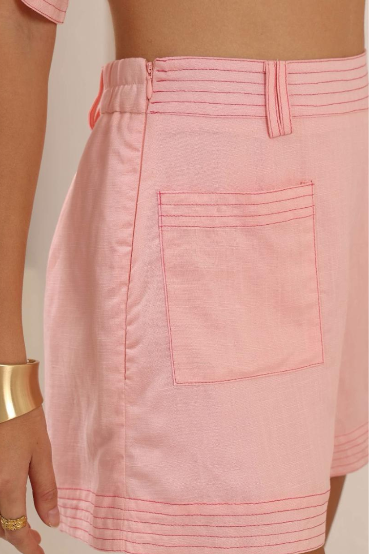 Amanda Shorts - Elasticated Back Waist Contrast Stitched Shorts in Pink