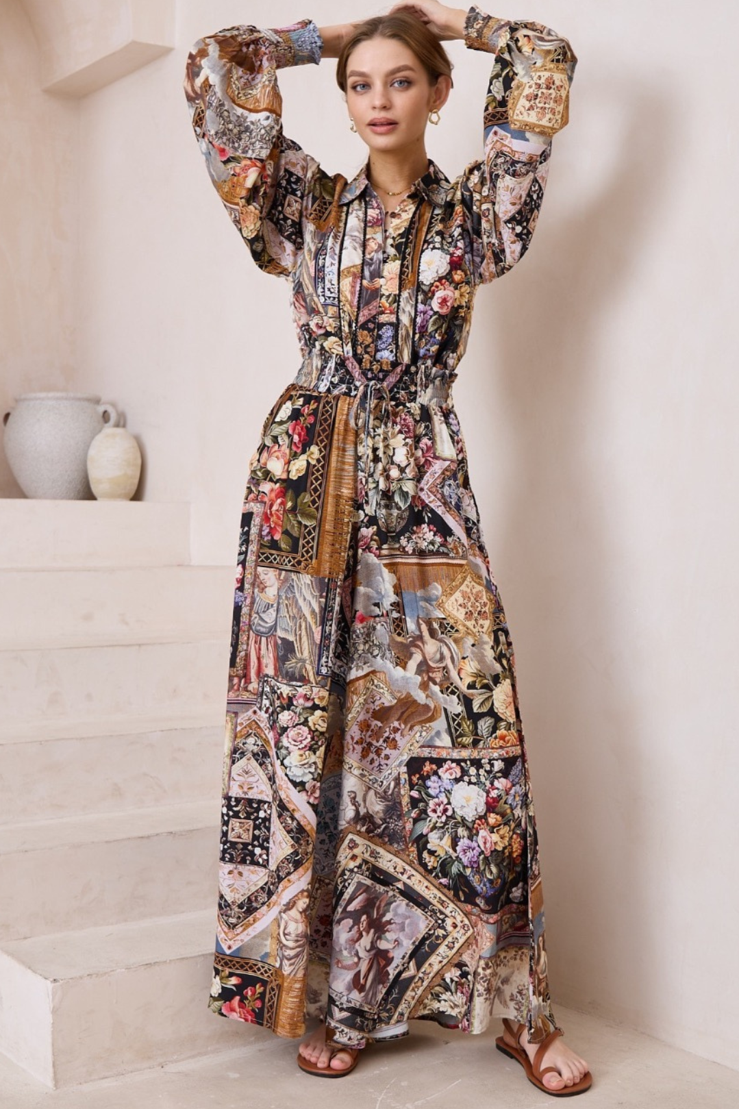 Charli Pants - Paper Bag High Waisted Wide Leg Pants in Elaine Print