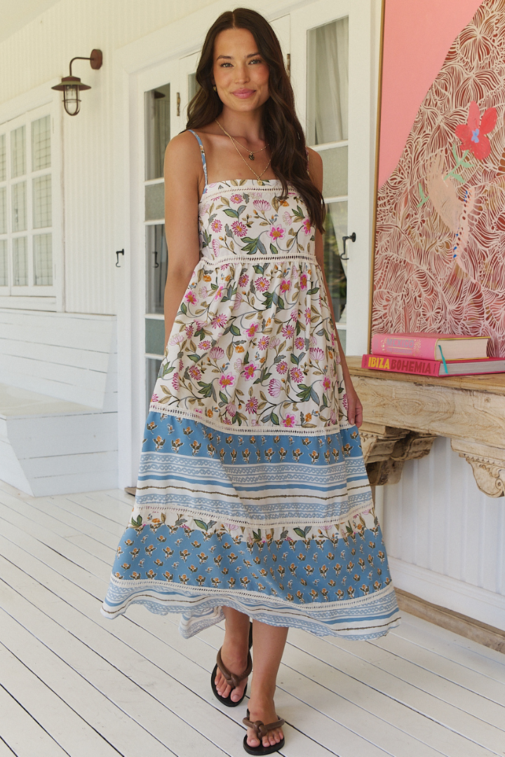 JAASE - Heidi Midi Dress: Tiered Sun Dress with Crochet Splicing in Pixie Petals Print