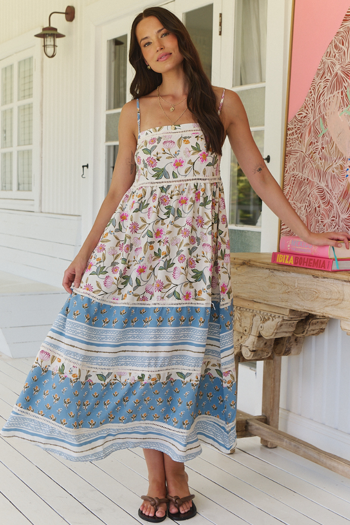 JAASE - Heidi Midi Dress: Tiered Sun Dress with Crochet Splicing in Pixie Petals Print