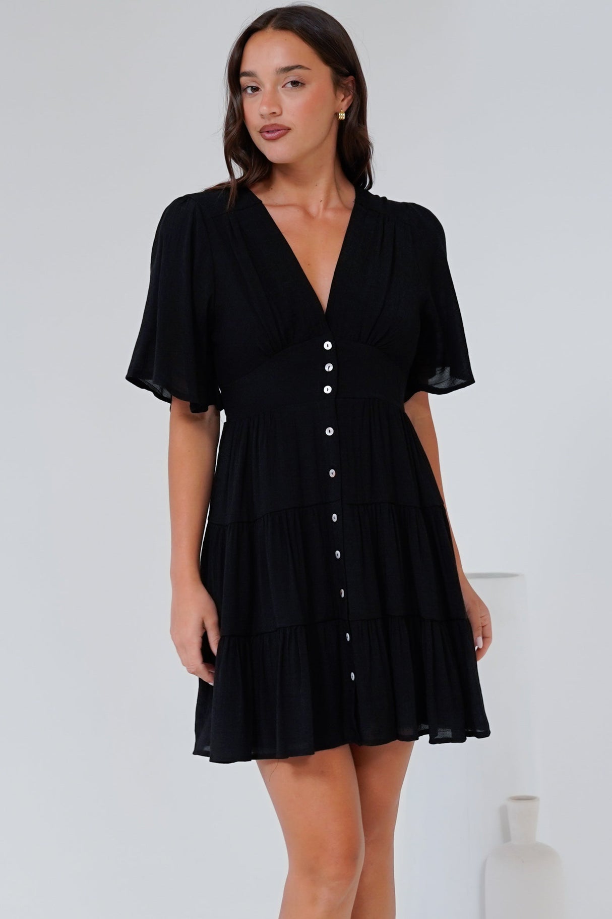 Aalia Mini Dress - Short Cape Sleeve Button Down V-Neck Dress in Black