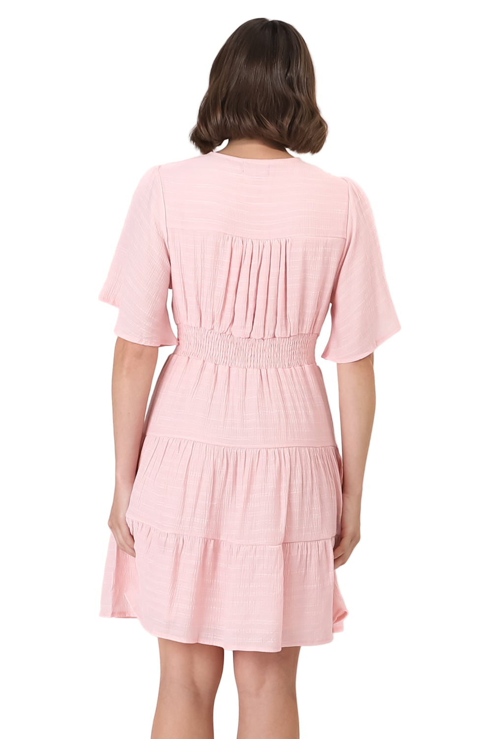 Aalia Mini Dress - Short Cape Sleeve Button Down V-Neck Dress in Pink