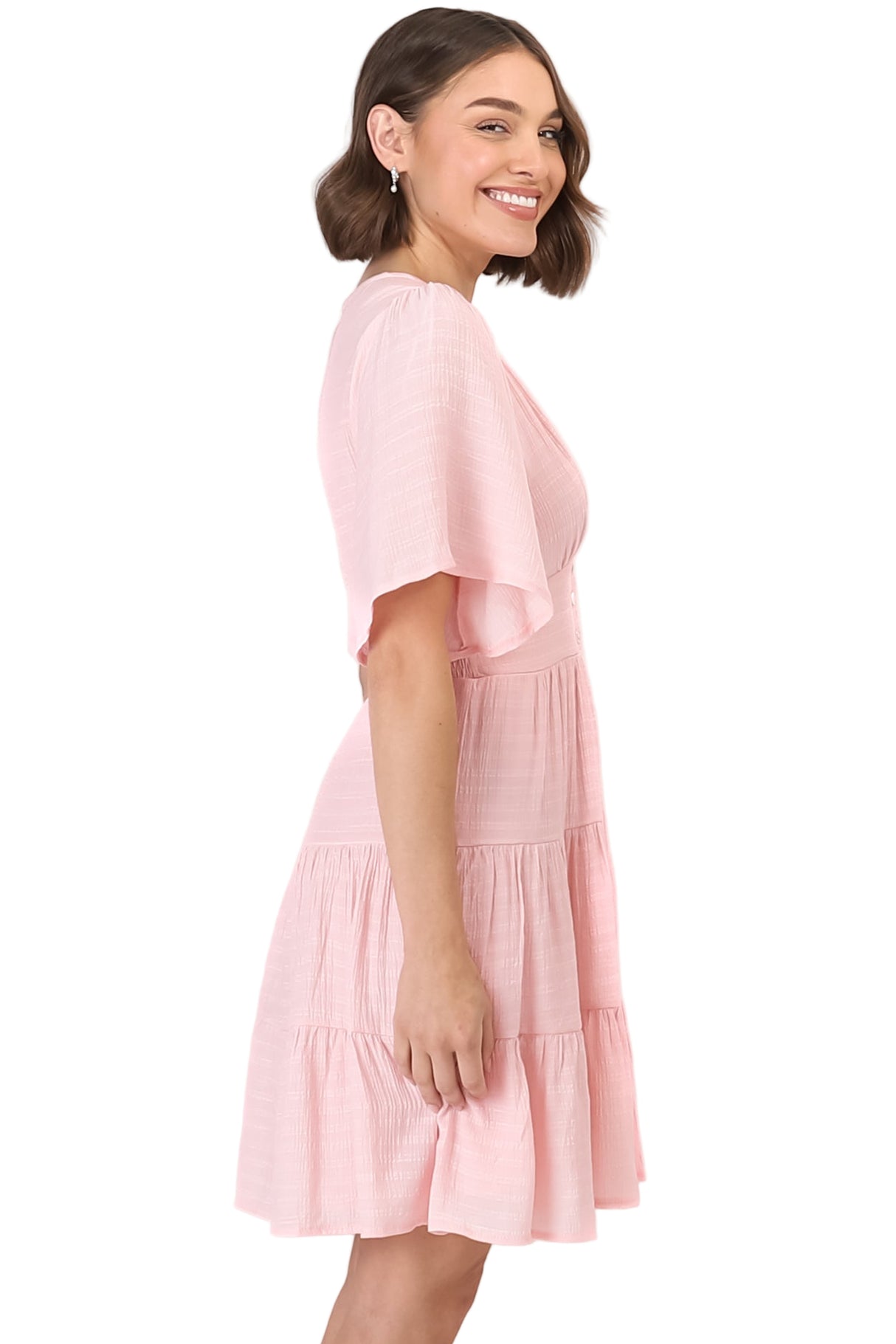 Aalia Mini Dress - Short Cape Sleeve Button Down V-Neck Dress in Pink