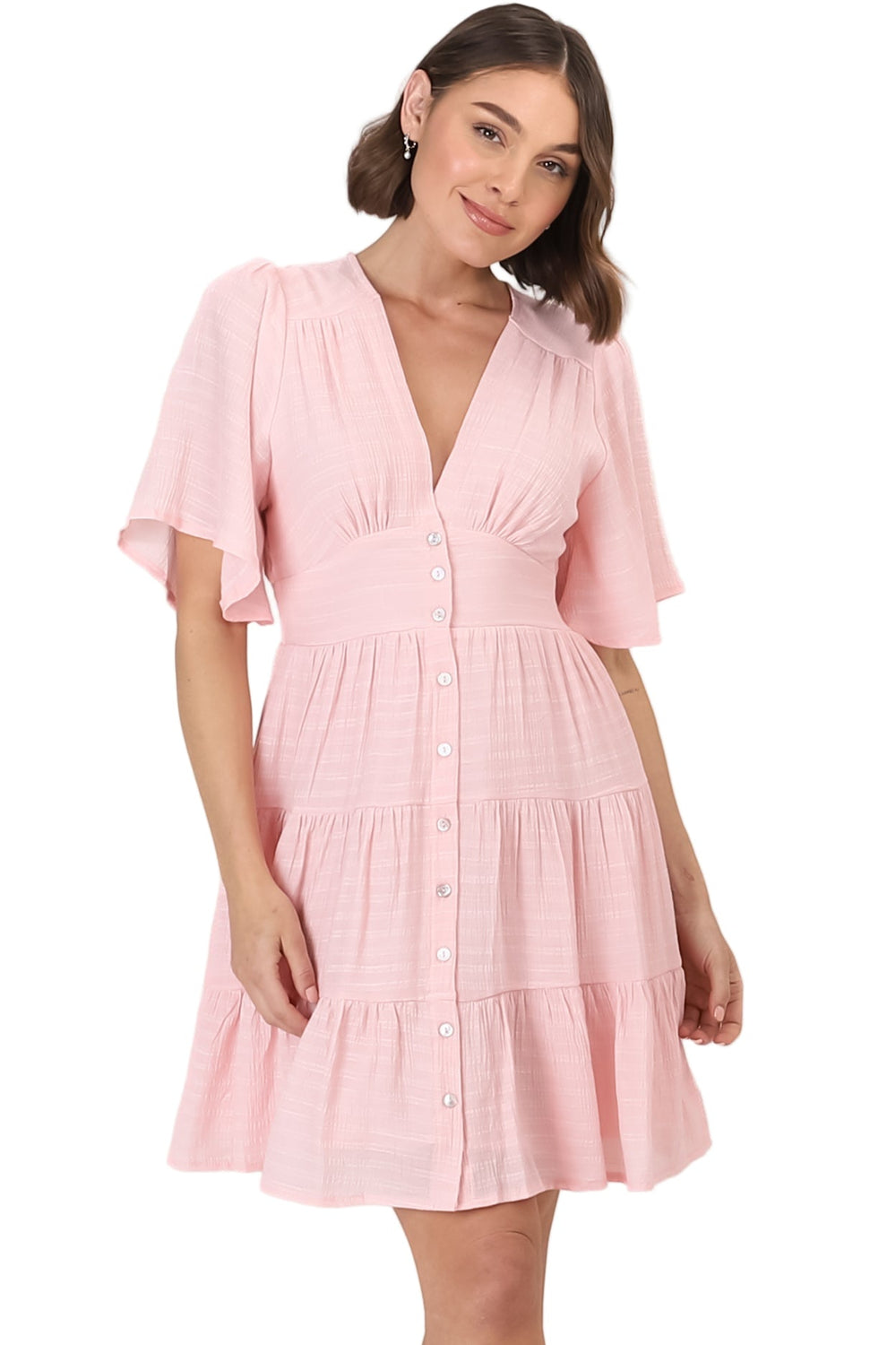 Aalia Mini Dress - Short Cape Sleeve Button Down V-Neck Dress in Pink