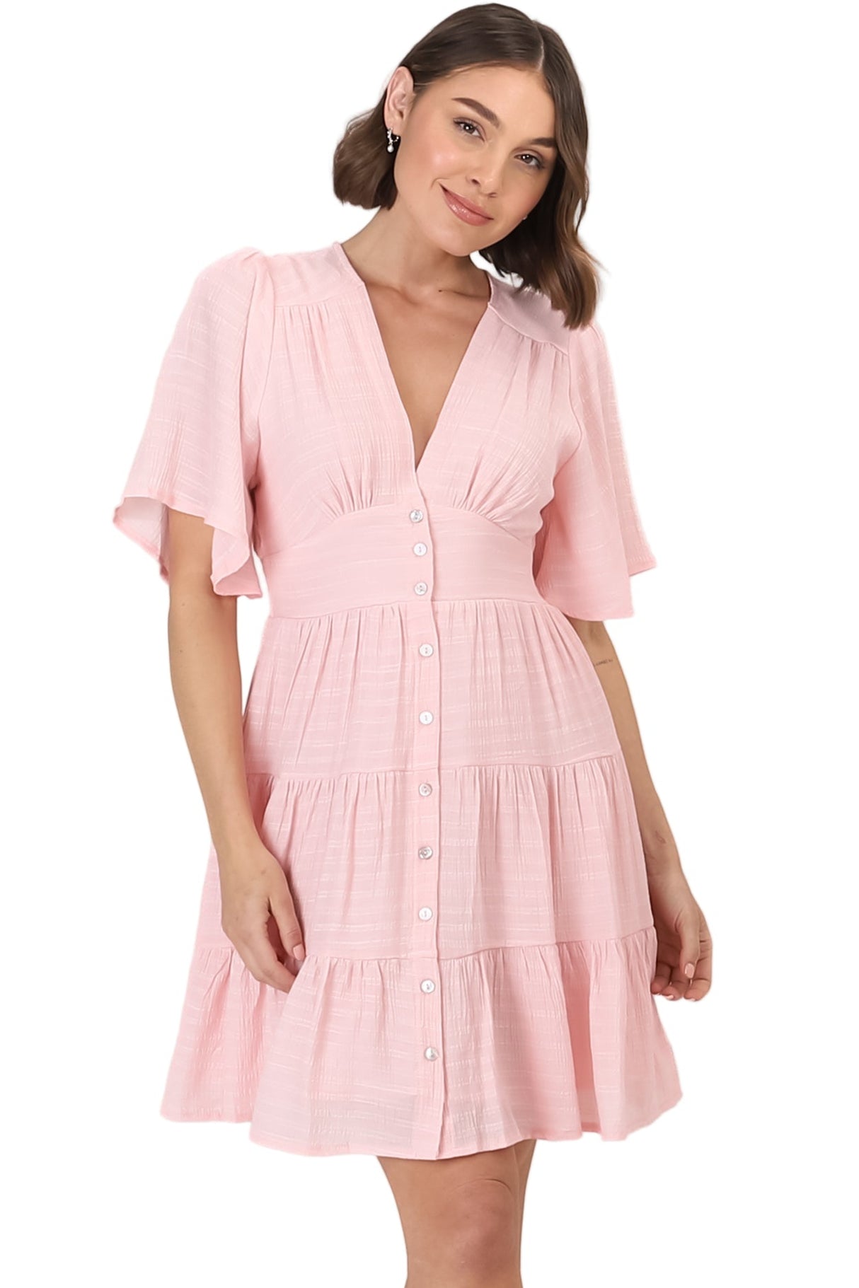 Aalia Mini Dress - Short Cape Sleeve Button Down V-Neck Dress in Pink