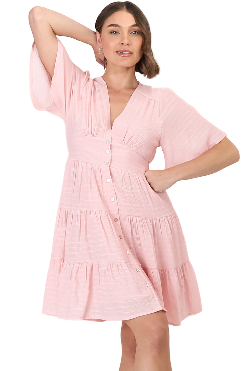 Aalia Mini Dress - Short Cape Sleeve Button Down V-Neck Dress in Pink