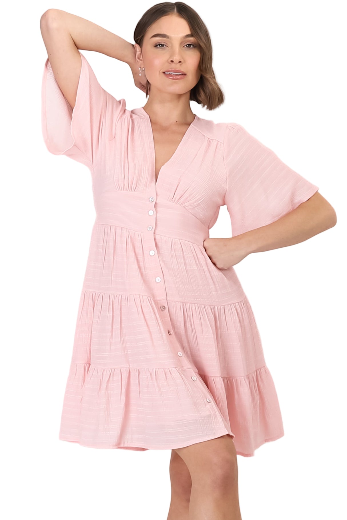 Aalia Mini Dress - Short Cape Sleeve Button Down V-Neck Dress in Pink
