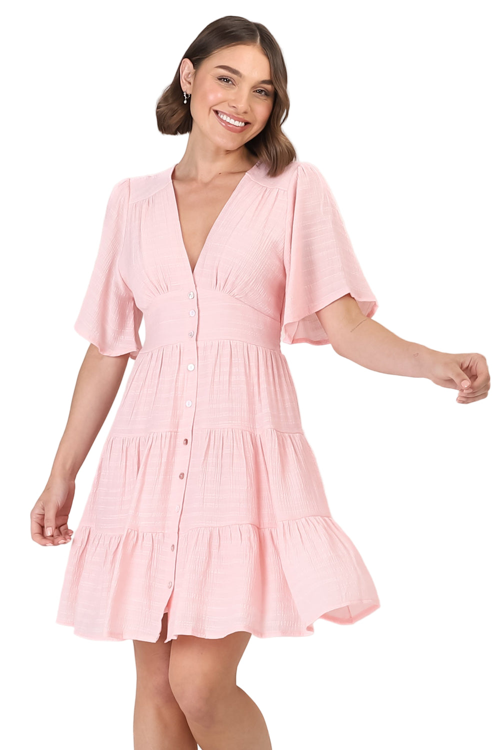 Aalia Mini Dress - Short Cape Sleeve Button Down V-Neck Dress in Pink