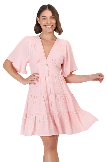 Aalia Mini Dress - Short Cape Sleeve Button Down V-Neck Dress in Pink