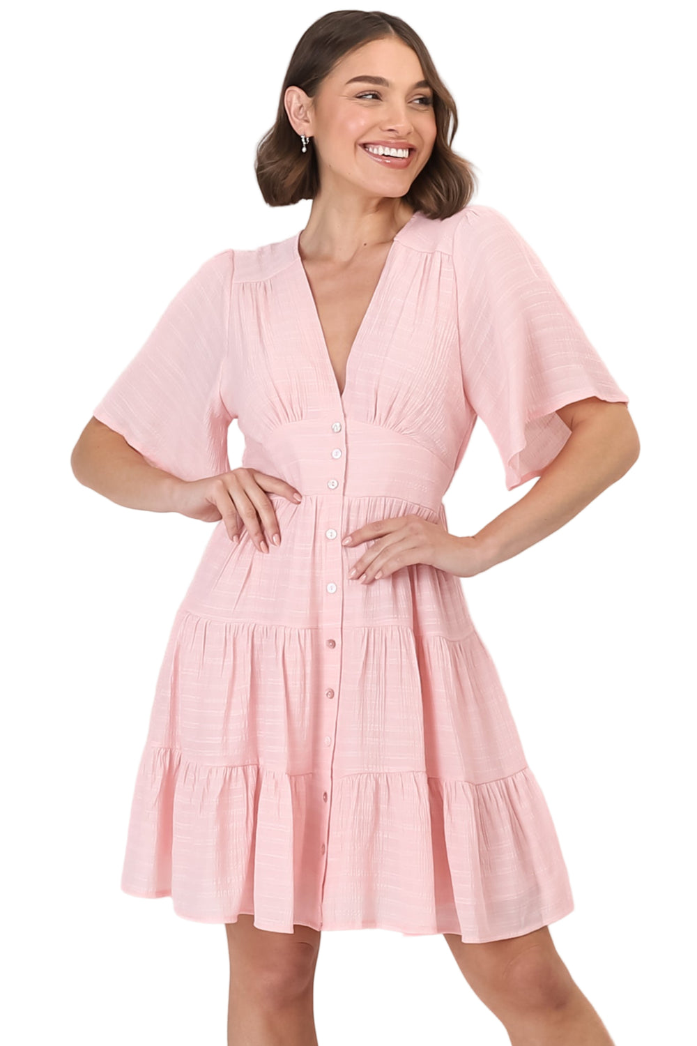Aalia Mini Dress - Short Cape Sleeve Button Down V-Neck Dress in Pink