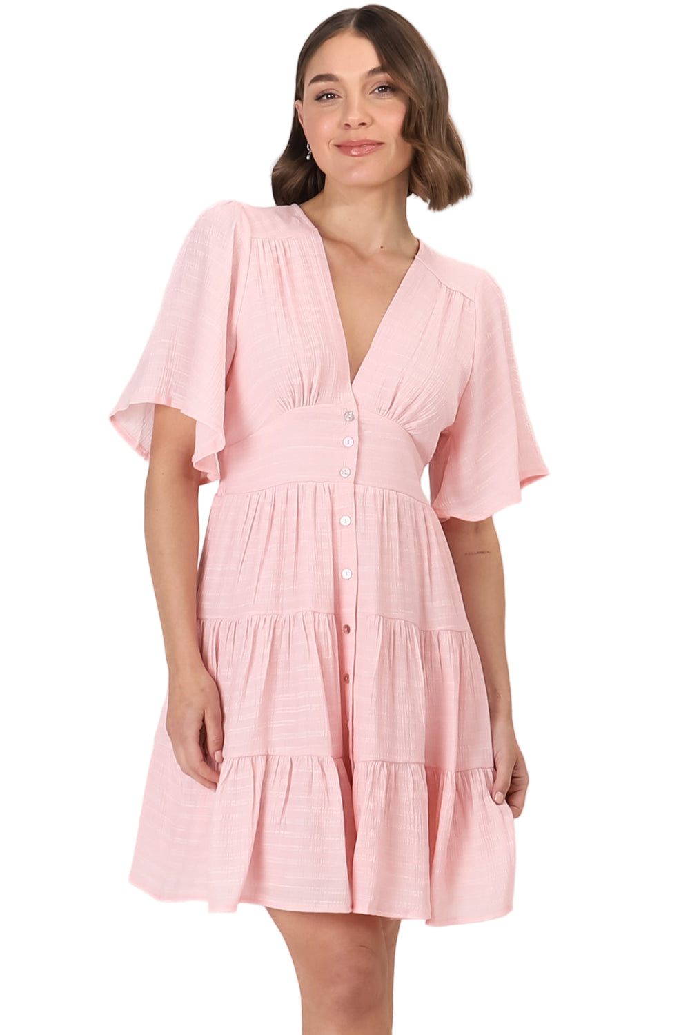 Aalia Mini Dress - Short Cape Sleeve Button Down V-Neck Dress in Pink