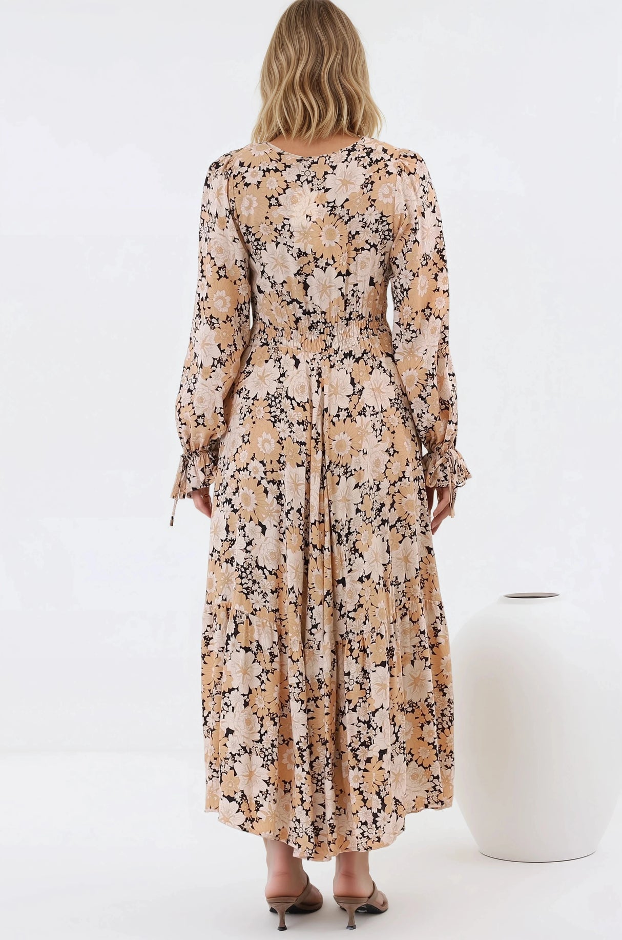 Abbia Maxi Dress - A Line Deep V Neck Long Sleeve Dress in Lyanna Print