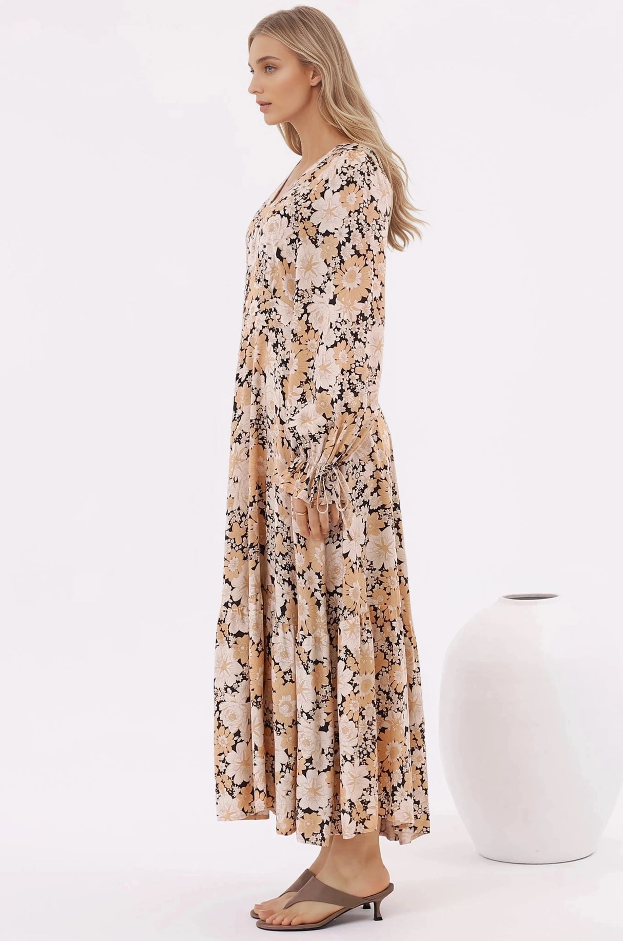 Abbia Maxi Dress - A Line Deep V Neck Long Sleeve Dress in Lyanna Print