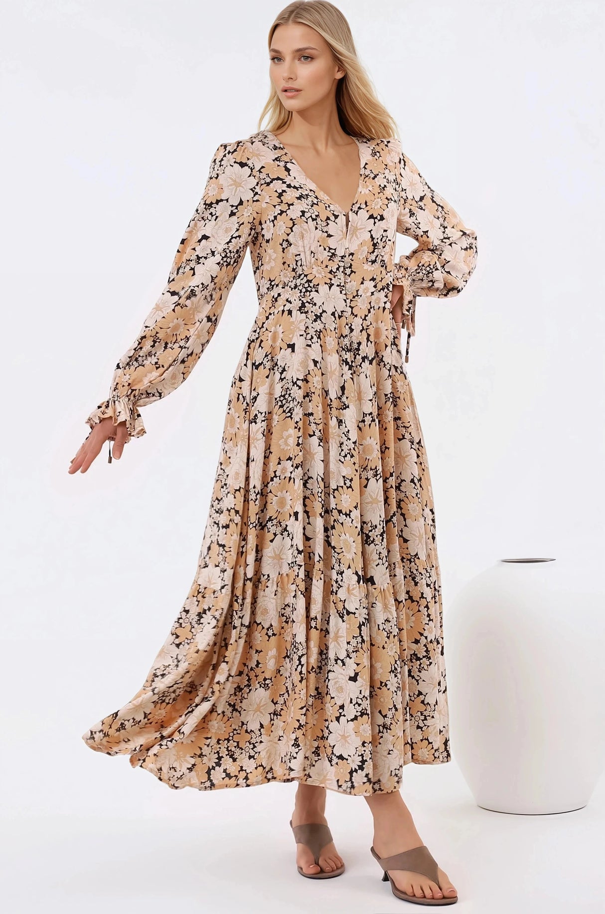 Abbia Maxi Dress - A Line Deep V Neck Long Sleeve Dress in Lyanna Print